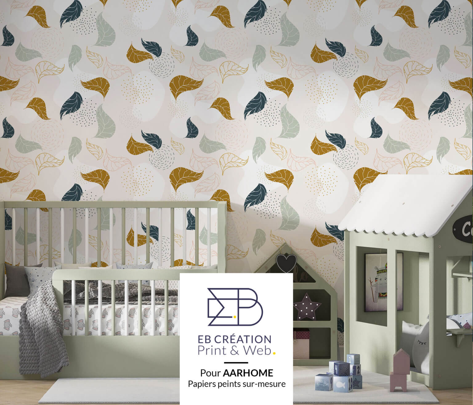 Illustration, papier peint beige, bleu et ocre avec des motifs de feuilles pour la marque Aarhome
