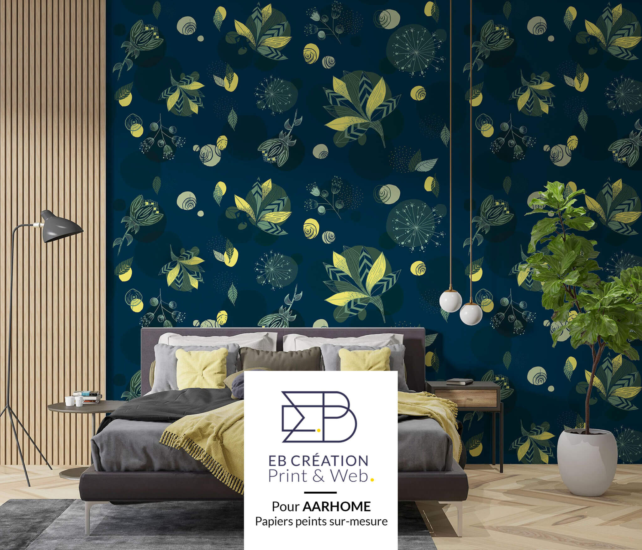 Illustration, papier peint bleu marine avec des motifs végétaux pour la marque Aarhome