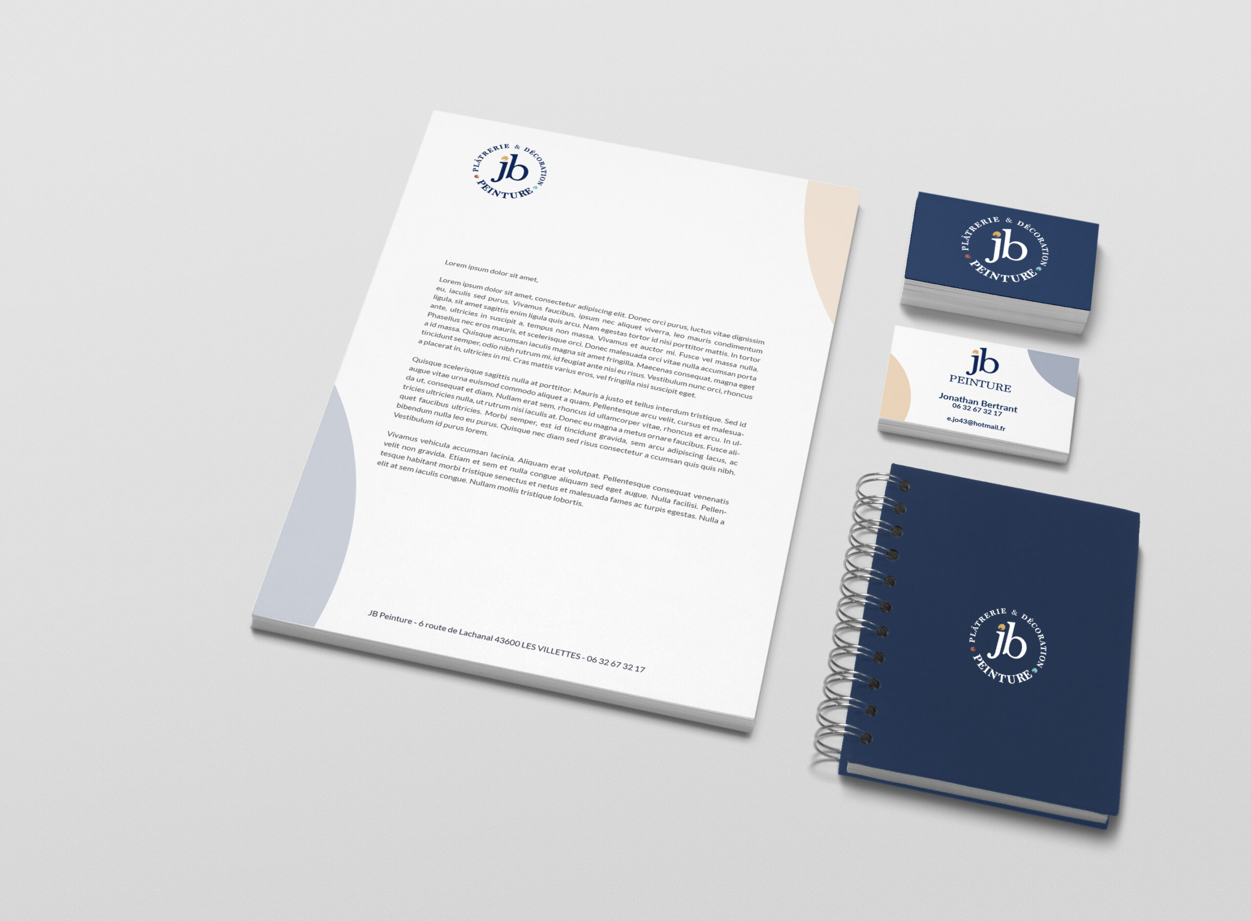 Set de papeterie avec papier entête, carte de visite et carnet à spiral, client JB Peinture