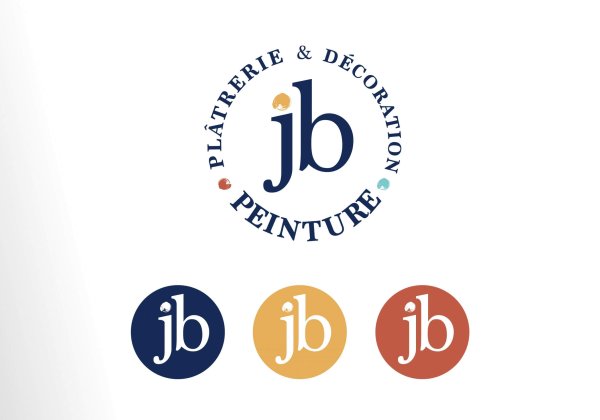 logo JB Peinture, avec pictogramme Jb couelur bleu marine, ocre et brique