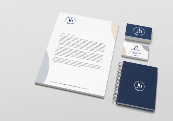 Set de papeterie avec papier entête, carte de visite et carnet à spiral, client JB Peinture
